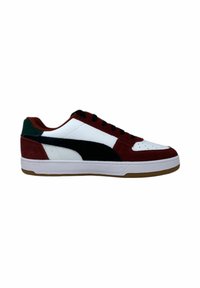 Sneaker con tomaia in pelle bianca, dettagli in suede bordeaux e nero, lacci neri e suola in gomma.