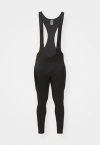 Schwarze Radsport-Latzhosen mit ärmellosem Design, ausgestattet mit einem Rückenschnitt, gepolsterter Sitzfläche und strukturiertem Stoff für Komfort und Leistung.