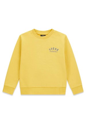 Geel sweatshirt met lange mouwen en ronde hals, met geribde boorden en zoom, met een kleine "Guess American Sports" tekst op de linkerborst.