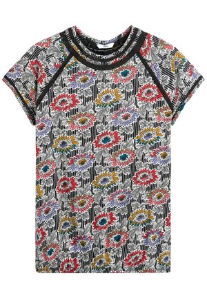 Short sleeve black and white shirt with colorful red, yellow, and purple floral print and black trim around neckline and sleeves.