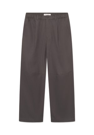 Gray, wide-leg trousers made of smooth fabric, featuring a button closure and two side pockets. Simple, clean design with no visible patterns.