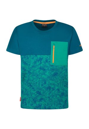 Short-sleeve blue and green kids' t-shirt with tropical leaf pattern and a green chest pocket with an orange zipper.