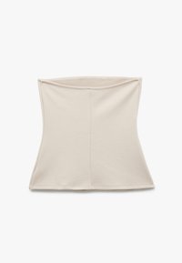 Beige kangaskangas bandeau-toppi, jossa on tiukka malli, sileä pinta ja suorat reunat. Ominaisuuksiin kuuluu saumatonta rakennetta ja ei näkyviä kiinnikkeitä.