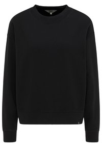 Sudadera negra de cuello redondo con mangas largas, puños acanalados y una pequeña etiqueta de tela cerca del dobladillo inferior en el lado derecho frontal.