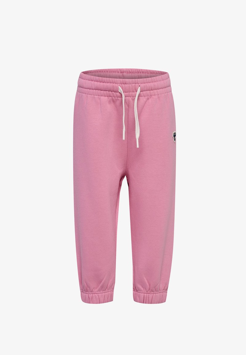 Rosafarbene Sweatpants mit einem elastischen Bund, elastischen Bündchen und kleinem Logo-Detail an der Seite. Hergestellt aus weichem, bequemem Stoff.