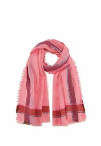 Écharpe rose en tissu léger, avec des bords frangés, des motifs décoratifs en rouge et bleu, et une finition douce et texturée.
