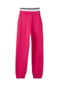 Pantaloni jogger fucsia realizzati in morbido tessuto, con elastico in vita decorato da una striscia bianca e nera e due tasche laterali.