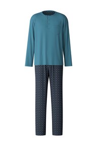 Heren slaapset: teal langemouwen top met knopenlijst en borstzak; marineblauwe broek met wit vierkant patroon. Zachte stof, ontspannen pasvorm.