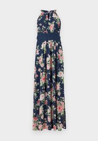 Robe maxi sans manches bleu marine avec motif floral rose et blanc et détail en dentelle à la taille.