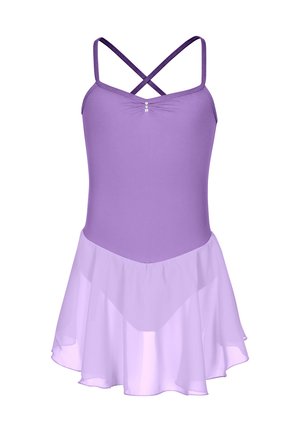 Lila Ballettkleid mit tailliertem Oberteil, überkreuzten Trägern im Rücken und einem durchsichtigen, mehrlagigen Rock. Mit drei dekorativen Edelsteinen in der Mitte vorne.