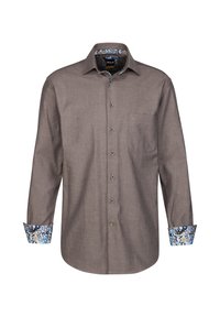 Camicia marrone con bottoni, maniche lunghe, in tessuto texturizzato, con taschino sul petto e polsini a fantasia floreale in blu e bianco.