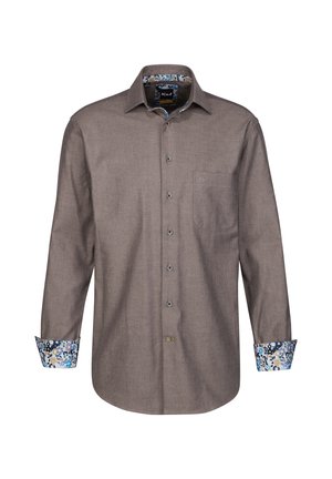 Braune Hemdjacke mit langen Ärmeln, aus texturiertem Stoff, mit einer Brusttasche und Blumenmustern an den Manschetten in Blau und Weiß.