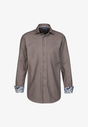 Camicia marrone con bottoni, maniche lunghe, in tessuto texturizzato, con taschino sul petto e polsini a fantasia floreale in blu e bianco.