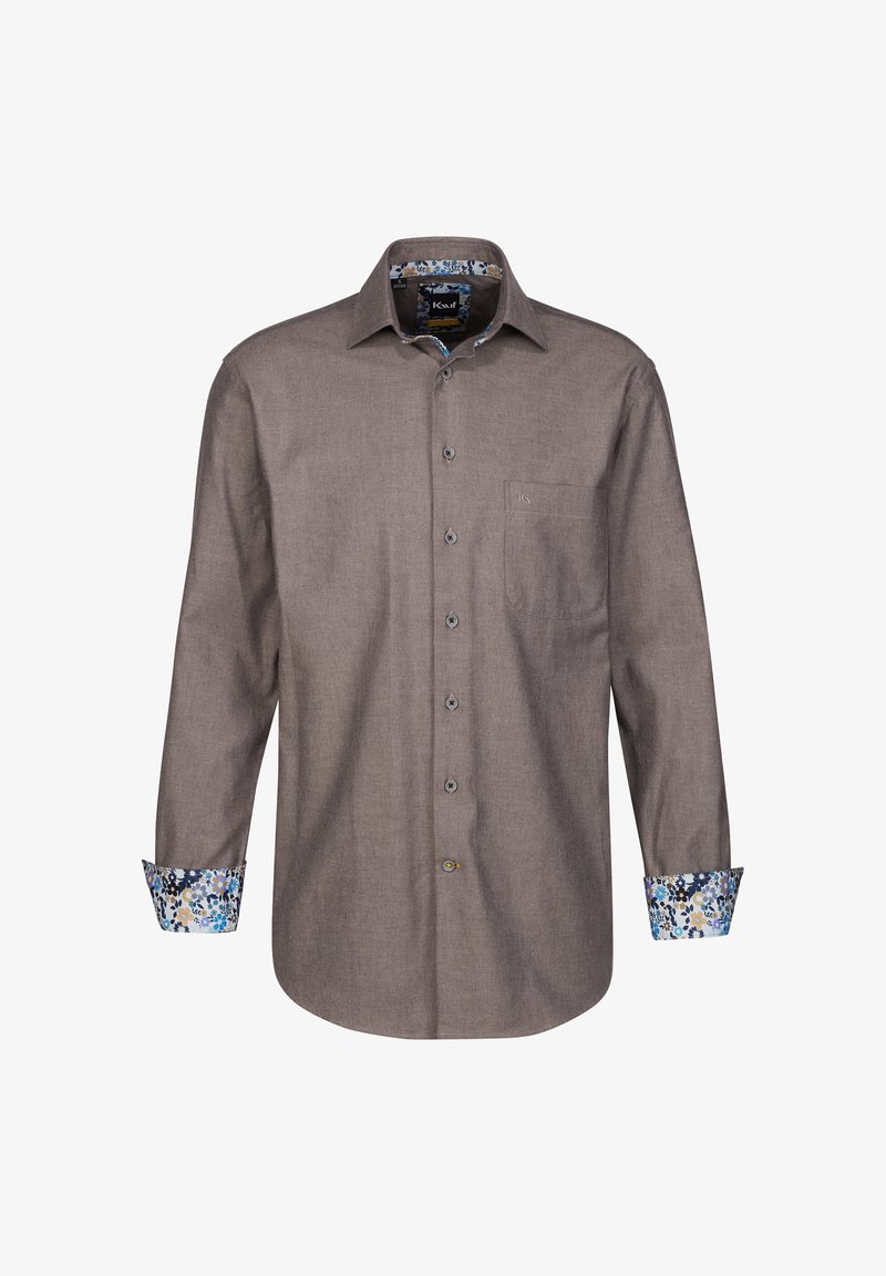 Camicia marrone con bottoni, maniche lunghe, in tessuto texturizzato, con taschino sul petto e polsini a fantasia floreale in blu e bianco.