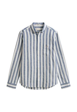 Chemise à manches longues avec boutons, rayures verticales bleues et blanches, col boutonné et poche poitrine avec petite broderie du logo.