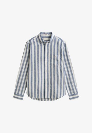 Chemise à manches longues avec boutons, rayures verticales bleues et blanches, col boutonné et poche poitrine avec petite broderie du logo.
