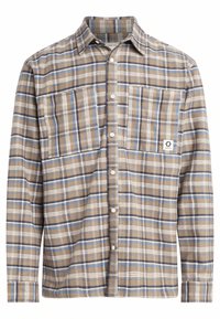 Cămașă din flanel cu model tartan în nuanțe de maro, bej și albastru. Prezintă guler ascuțit, închidere frontală cu nasturi, două buzunare pe piept și patch cu logo.