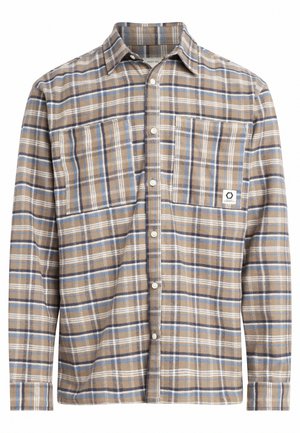 Rutete flanellskjorte i brunt, beige og blått. Har spiss krage, frontknapping, to brystlommer og logo-patch.