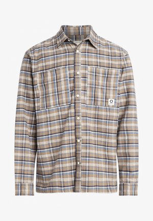 Károvaná flanelová košela v hnedej, béžovej a modrej farbe. Má špicatý golier, predné zapínanie na gombíky, dve náprsné vrecká a nášivku s logom.