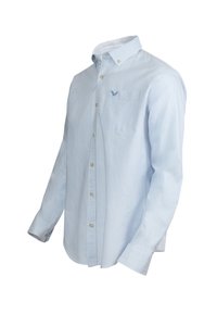 Camisa de botón en azul claro con rayas verticales blancas, que cuenta con un bolsillo y un pequeño logo en el lado izquierdo. Material de algodón, mangas largas.