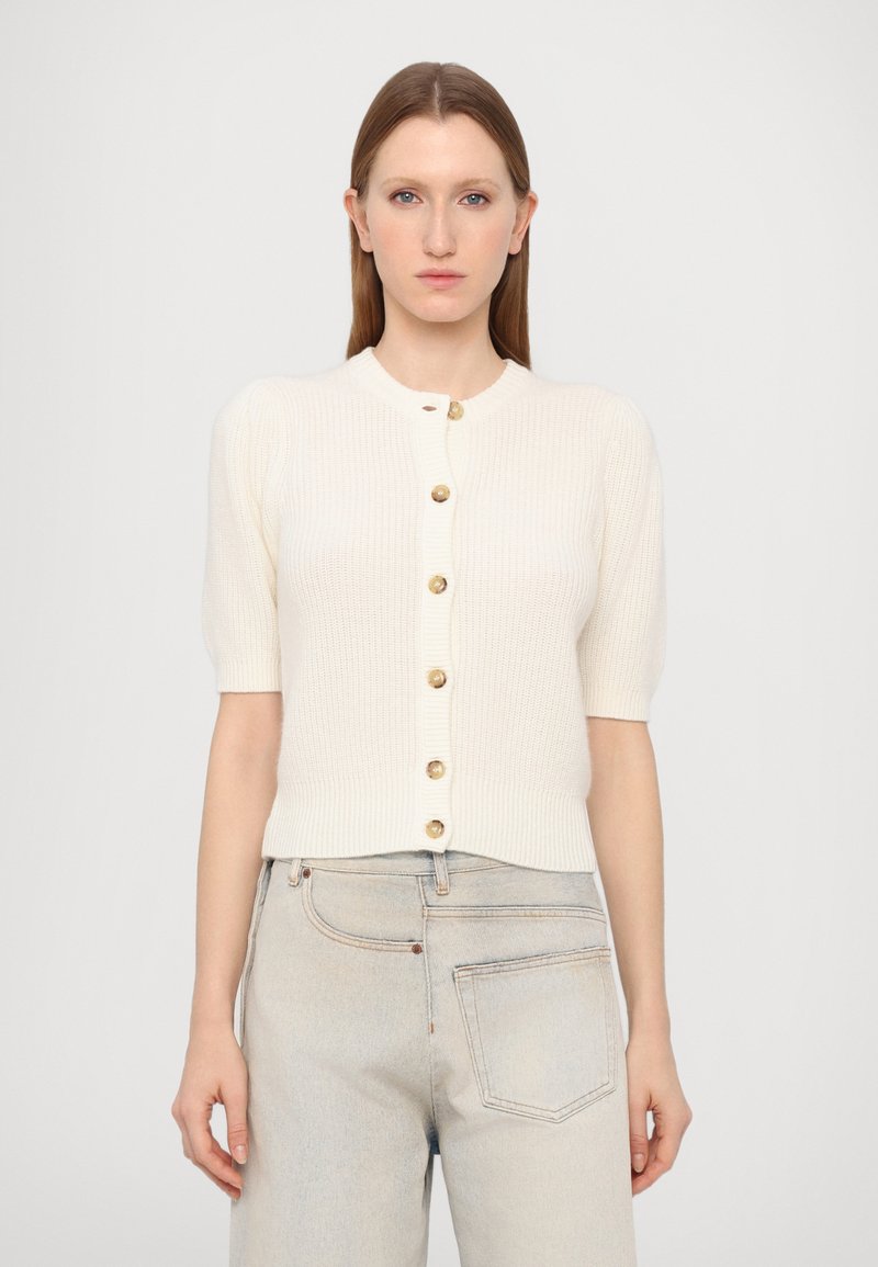 Short-sleeved, cream ribbed cardigan with a round neckline and six gold buttons down the front. Soft texture and fitted design.