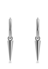 Sudraba gredzenu auskari ar konusveida piekari. Gluda tekstūra ar pulētu apdari, kas izceļ moderno un eleganto dizainu.