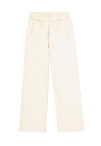 Wijde broek in zacht beige stof; elastische tailleband, twee zijzakken en subtiele gestikte details langs de zijkanten.