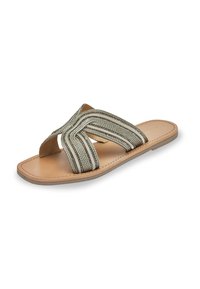 Sandalias tipo slide con tiras trenzadas en gris y beige, con una suela plana marrón y una plantilla de cuero suave. Acentuadas con un diseño cruzado.
