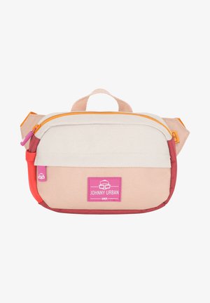 Bolsa de tela suave en tonos rosa, beige y rojo con acentos naranjas. Cuenta con un asa superior, cierre de cremallo y parche de logo en la parte frontal.