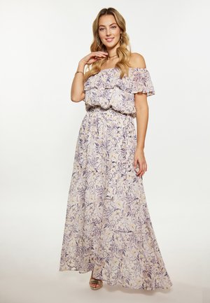 Off-the-shoulder maxi jurk in lichtlavendel met bloemenpatronen, gerimpelde halslijn en een getailleerde taille, met een vloeiende stof en een enkel-lange zoom.