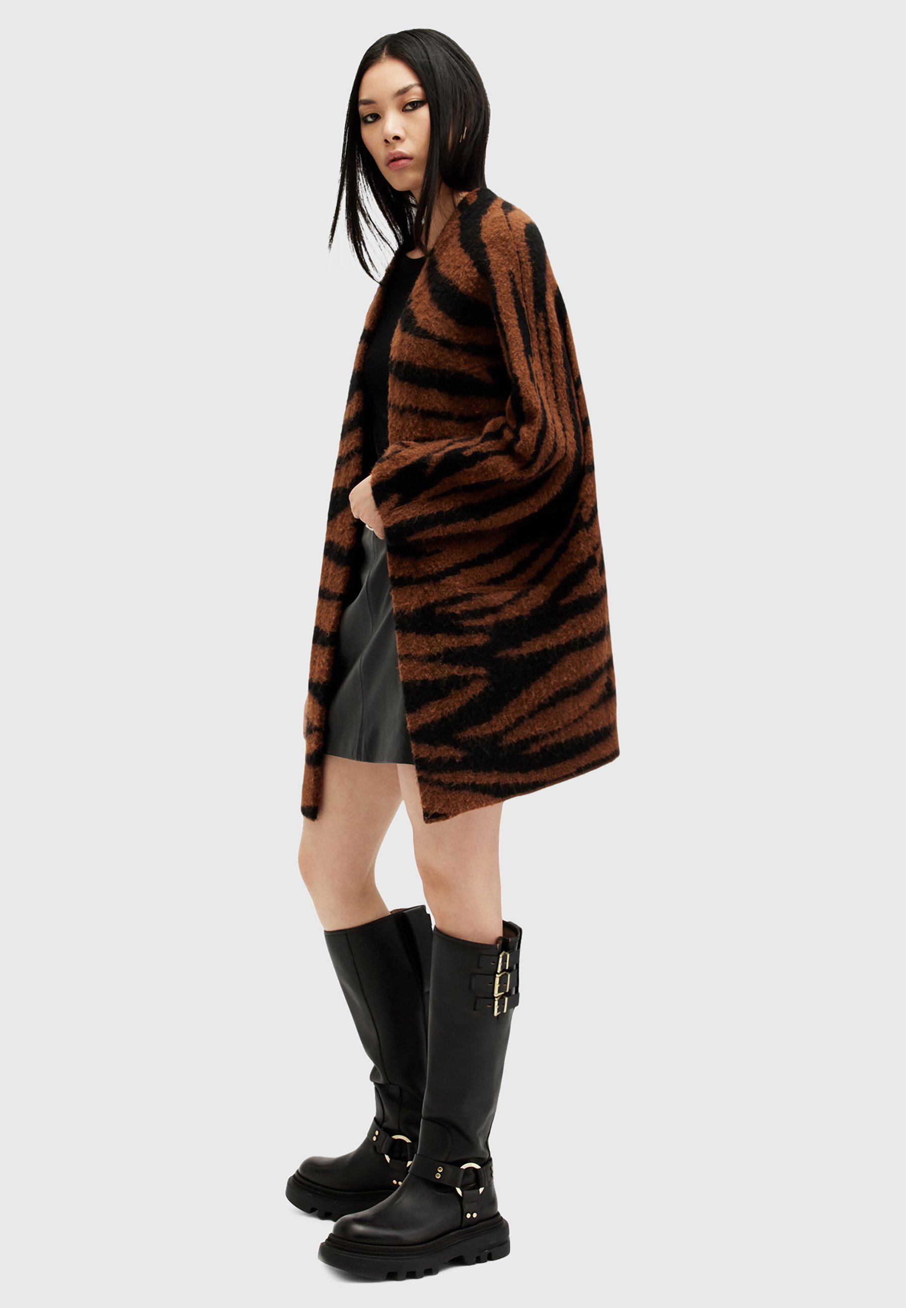 オールセインツ AllSaints Zoe Tiger Cardigan レディース Sweaters Sugar Brown ALLSAINTS Zoe Oversized Tiger Stripe Cardigan in Sugar Brown