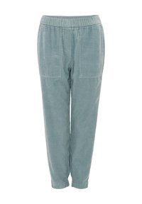Pantalons en velours côtelé bleu-vert clair avec taille élastique et poches devant, présentant une coupe décontractée et des jambes fuselées.