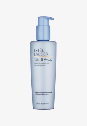 Estee Lauder Take It Away Makeup Remover Lotion, blauer Kunststoffpumpflasche, 200 ml, minimalistisches Design, klare Etikette mit schwarzem und gelbem Text.