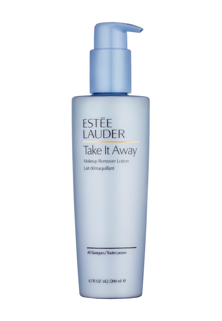 Estee Lauder Take It Away Meikkipesuaine, sinisessä muovipumppupullossa, 200 ml, minimalistinen muotoilu, selkeä etiketti mustalla ja keltaisella tekstillä.
