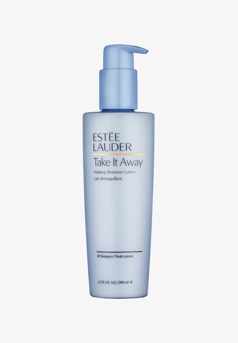 Estee Lauder Take It Away Makeup Remover Lotion, blå plastpumpflaska, 200 ml, minimalistisk design, klar etikett med svart och gul text.