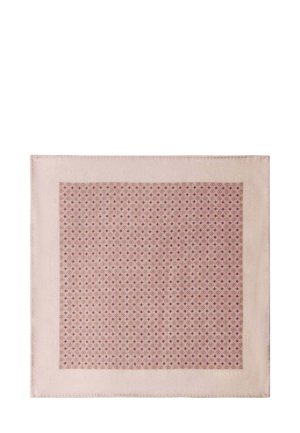 Pañuelo cuadrado de seda rosa con un borde rosa claro y un pequeño patrón de diamantes en blanco y negro en el centro.