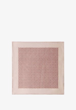 Vierkante roze zijden sjaal met een lichtroze rand en een klein zwart-wit dambordpatroon in het midden.