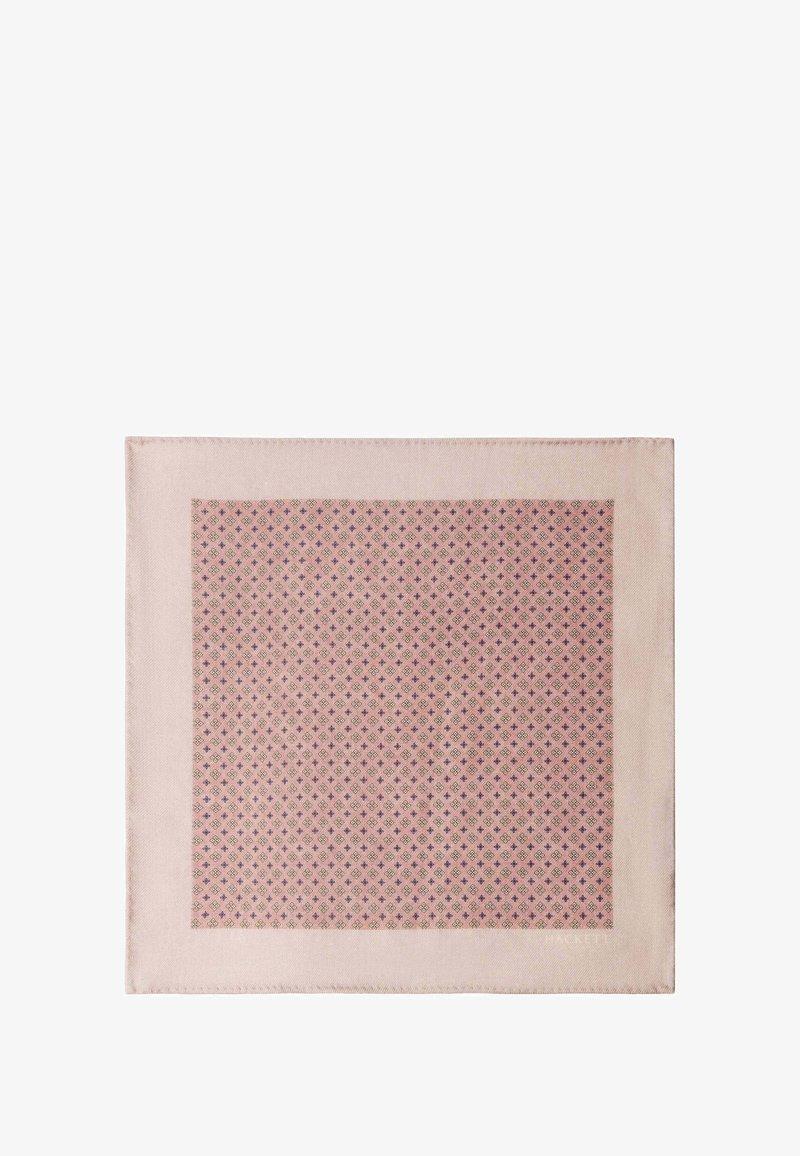 Foulard carré en soie rose avec une bordure rose clair et un petit motif en losanges noir et blanc au centre.