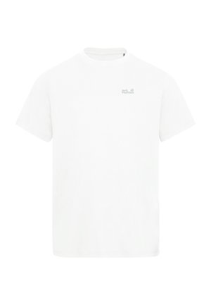 Maglietta bianca in cotone con maniche corte, collo rotondo e un piccolo logo grigio sul petto in alto a sinistra. Tessuto liscio, vestibilità casual.