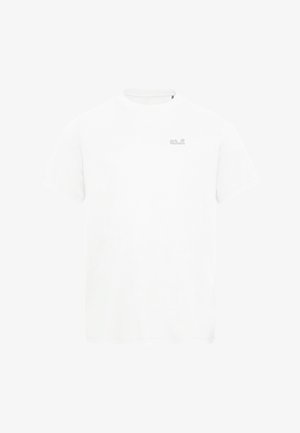 Maglietta bianca in cotone con maniche corte, collo rotondo e un piccolo logo grigio sul petto in alto a sinistra. Tessuto liscio, vestibilità casual.