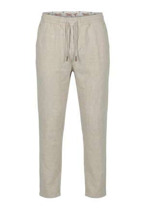 Pantalon beige en lin avec cordon de serrage, taille élastique et poches latérales, doté d'une doublure intérieure subtilement imprimée à la taille.