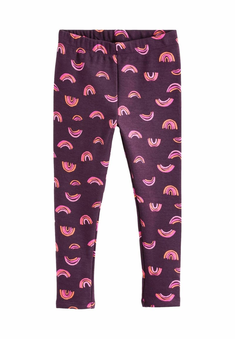 Lilla leggings lavet af blødt stof med et gentaget mønster af pink og orange regnbuer på en mørk baggrund. Elastisk talje.