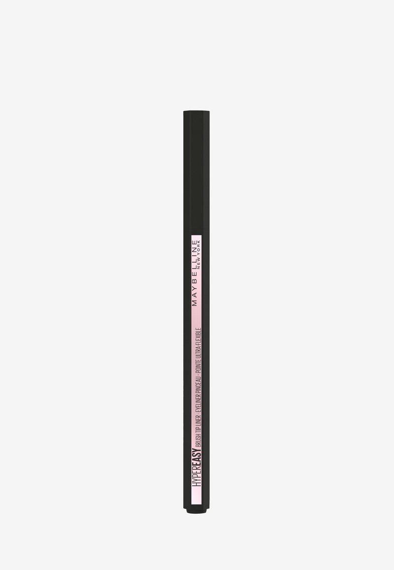 Eye liner noir en crayon au design élancé, avec une étiquette rose pâle comportant du texte. La finition est mate et lisse.