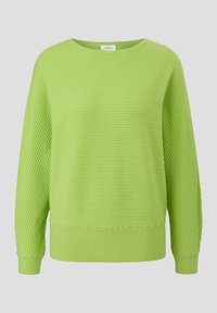 Limegrüner Pullover mit gerippter Textur, rundem Ausschnitt und langen Ärmeln. Hat einen einfarbigen Körper sowie gerippte Bündchen und Saum.