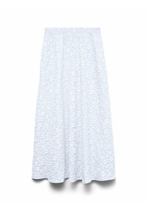 Bela midi krilo z teksturiranim cvetličnim čipkastim vzorcem in elastičnim pasom, tekočega A-linijskega kroja.