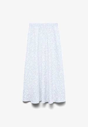 Bela midi krilo z teksturiranim cvetličnim čipkastim vzorcem in elastičnim pasom, tekočega A-linijskega kroja.