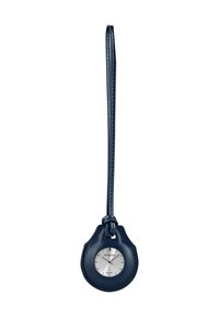 Orologio da tasca in pelle blu con quadrante circolare in argento, indicatori delle ore sottili e design a nodo su una lunga cinghia per il fissaggio o il pendio.