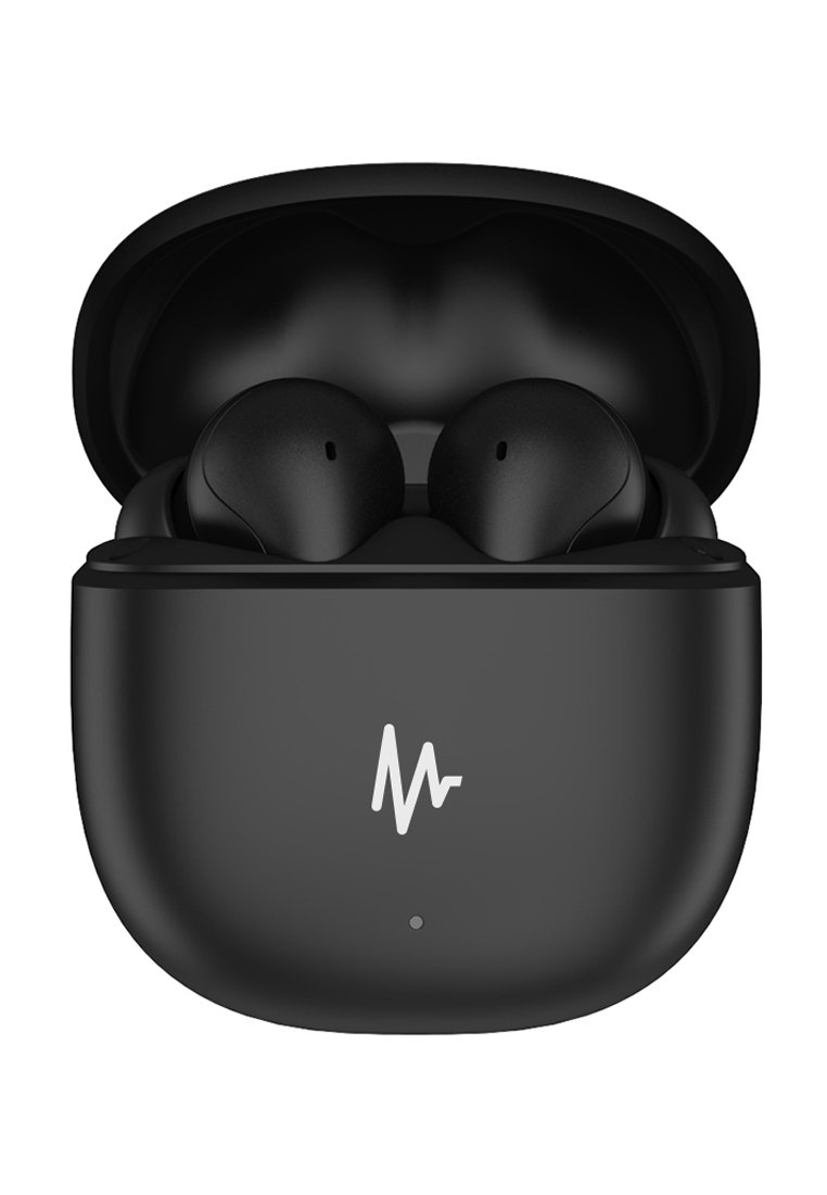 Schwarze drahtlose Ohrhörer in einem geschlossenen Ladeetui, mit glatter Oberfläche, runder Form und einem weißen Schallwellen-Logo auf der Vorderseite.