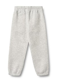 Pantalones deportivos de algodón gris con una textura suave, cintura elástica y puños fruncidos en los tobillos. Diseño simple, sin adornos.