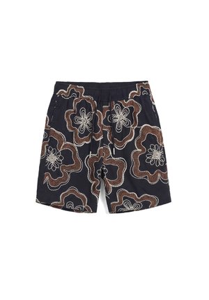 Pantalones cortos negros con cordón, con un gran patrón floral abstracto marrón y blanco, cintura elástica y bolsillos laterales.